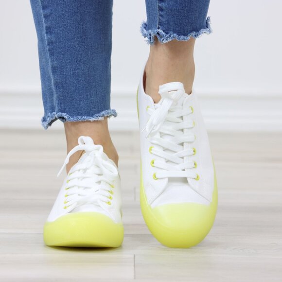 White Canvas Sneakers Yellow Sole Lace-Up Casual Everyday Comfort - Picture 10 of 14
